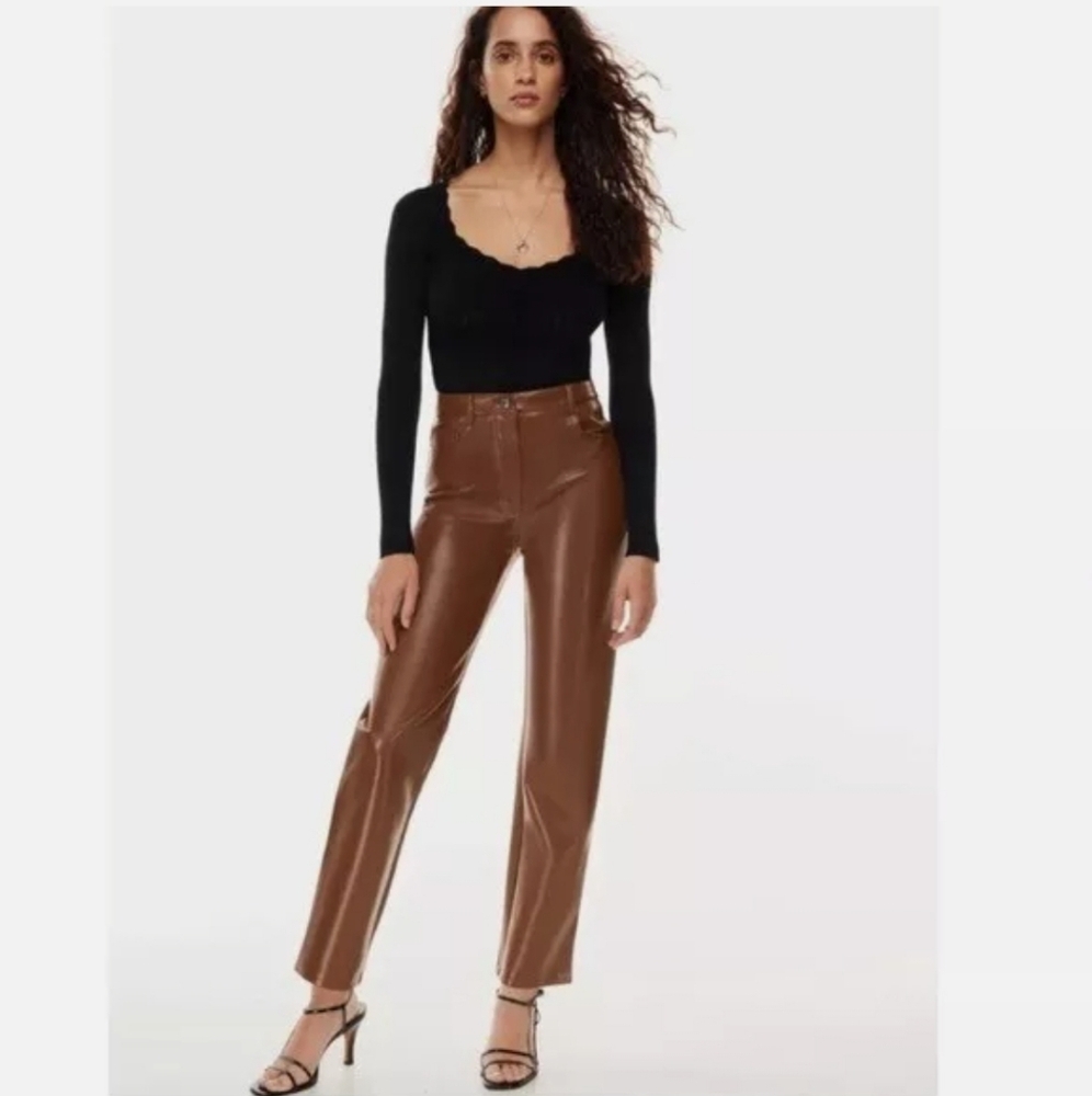Wilfred by ARITZIA Melina Cropped Vegan Leather High Rise Patina Brown Pant Sz 0